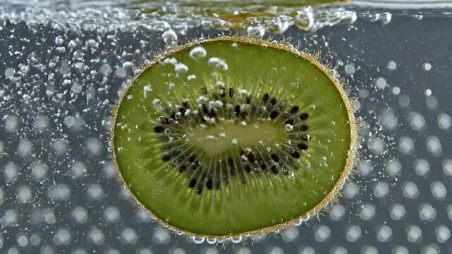 Closeup of a juicy kiwi slice submerged in sparkling water with bubbles.