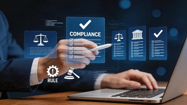 Business professional verifying compliance checklist on futuristic digital interface with legal icons, ensuring corporate regulatory adherence and rule management in modern office