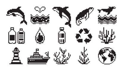 Ocean life and environmental protection pixel art icons set, digital 8-bit style marine wildlife. © VANU