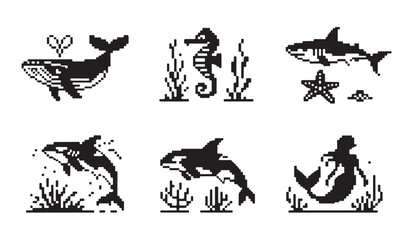 Pixel art sea life set with whales, seahorse, shark, and mermaid, marine animal icons. © VANU