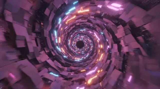 Futuristic abstract digital tunnel with neon lights vortex spiraling inwards towards a black hole illusion