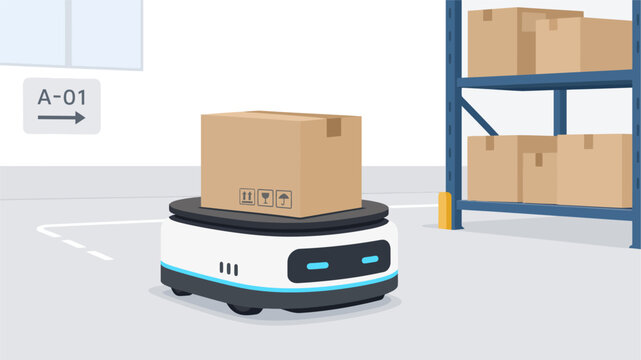 Automated warehouse robot transporting cardboard box in a modern distribution center facility illustration