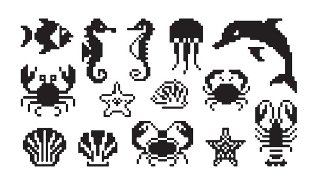 Pixel art ocean creatures set, various marine animals and shells in pixelated style.