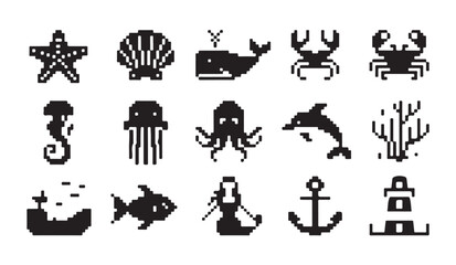 Pixel art marine life icons starfish seashell whale crab seahorse jellyfish octopus. © VANU