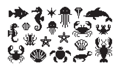 Marine life pixel art silhouettes set featuring fish seahorse crab jellyfish and sea turtle. © VANU