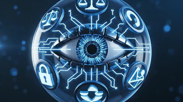 An artificial intelligent eye with various ethics and compliance symbols surrounds it on a digital circuit board background.