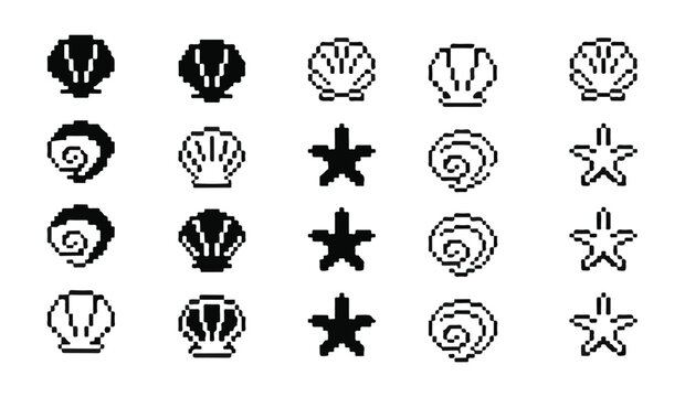 Pixel art sea shell icons collection in minimalist black and white style for digital design.