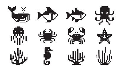 Collection of twelve marine themed pixel art icons featuring sea animals and reef plants. © VANU