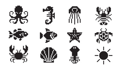 Set of twelve marine life pixel art icons including sea creatures and a bright summer sun. © VANU