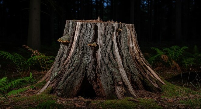 Solitary Ancient Tree Stump in a Mossy Forest