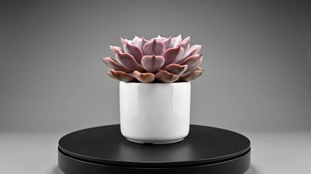 Rotating succulent plant in white ceramic pot on black turntable against gray backdrop for product display