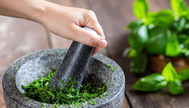 Grinding Fresh Green Herbs in Traditional Stone Mortar and Pestle on Wooden Table