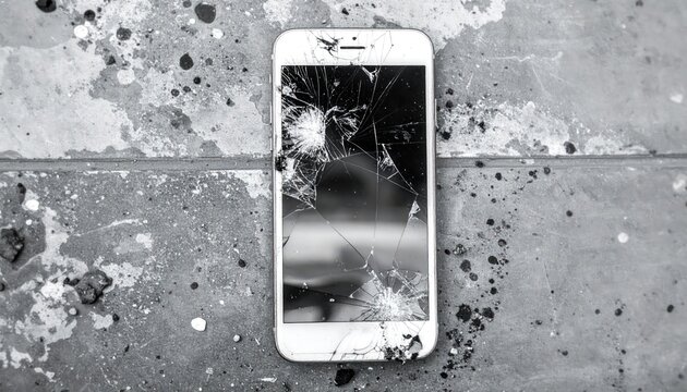 Damaged Smartphone - Shattered Screen and Broken Display on a Concrete Surface.