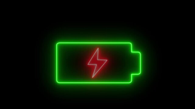 Glowing neon battery icon animation with red lightning4k Animation video on Black Background