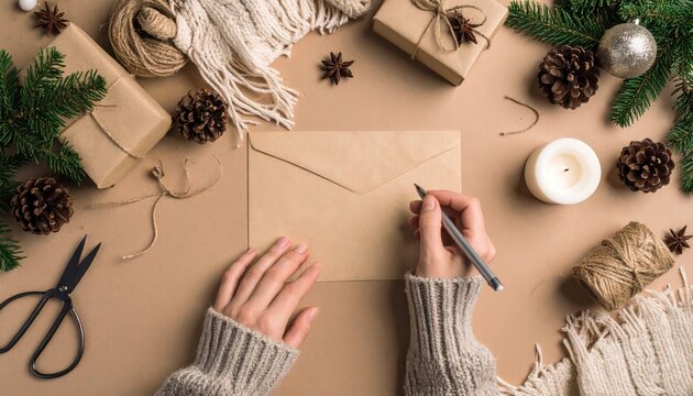 Hands Wrapping Christmas Gift with Twine and Decorations.