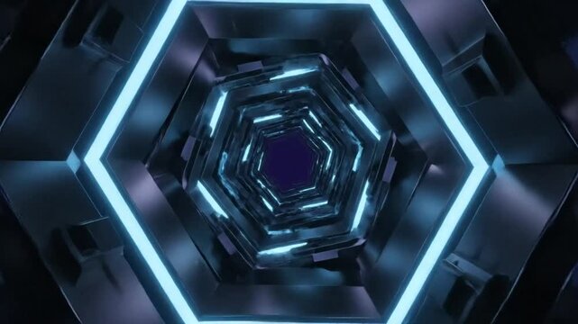Futuristic hexagonal tunnel with neon blue glowing lights creating a modern abstract background
