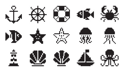 Collection of pixel art marine icons including sea creatures boats and nautical symbols. © VANU