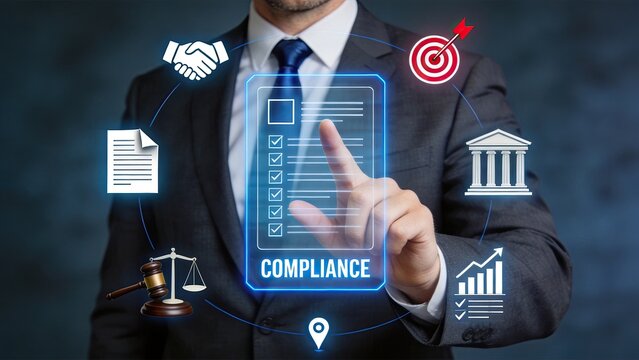 Man touching holographic compliance screen with legal icons, regulatory adherence concept, corporate governance framework, risk management system, ethical business practice,