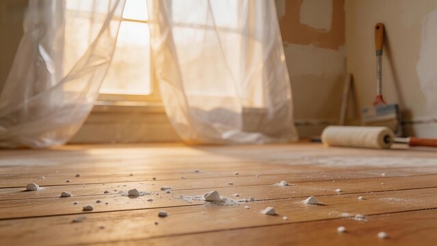 Room under renovation with dust on floor