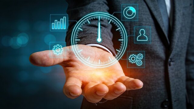 Hand holding glowing clock with business icons, time management productivity concept, deadline schedule planning, efficiency optimization, strategic workflow organization for
