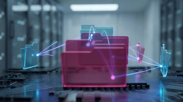 Digital folders representing data transfer and networking within a server room environment.
