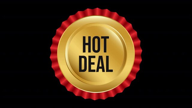 Animated Shiny Gold and Red Rosette Ribbon Hot Deal Badge Looping Motion Graphic on Transparent Background