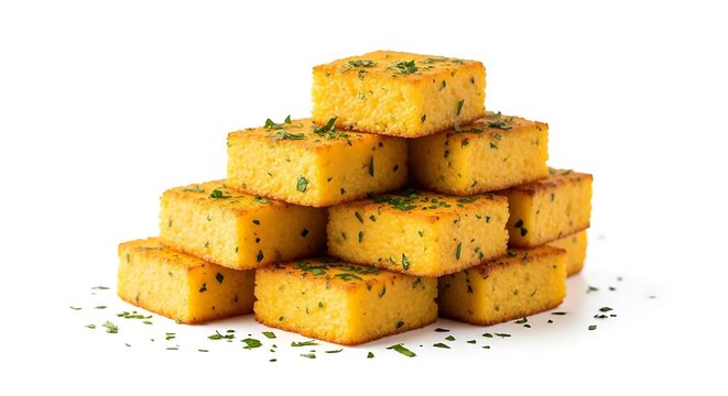 Golden square cornbread pieces stacked with herbs on white background