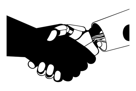 Man and robot shaking hands black and white vector art