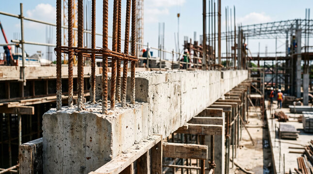 Construction site with unfinished structural beam and steel reinforcement rods
