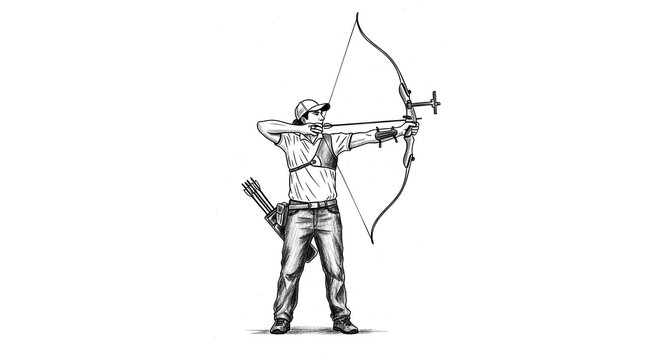 Focused archer drawing bow in traditional archery stance.