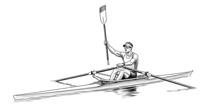 Athlete rowing single scull kayak on calm water outdoors.