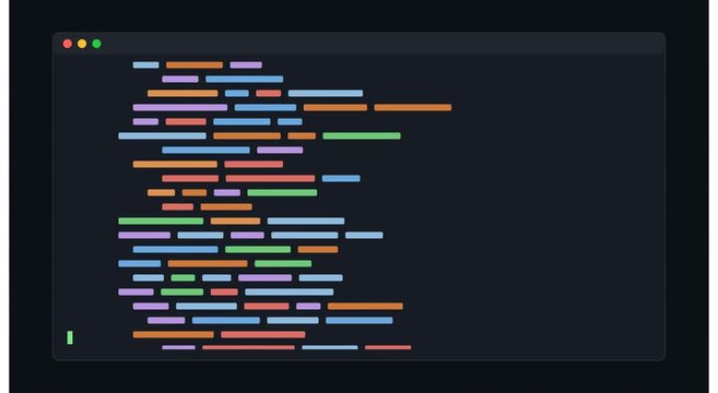Animated programming code blocks on dark terminal animation
