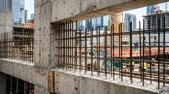 Industrial architectural detail of unfinished concrete structure with aligned steel rebar