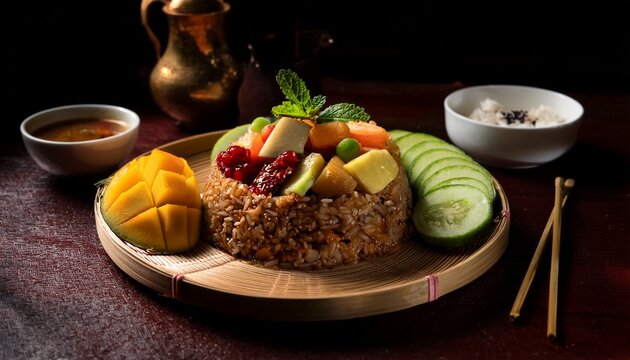 captivating low light photography of rujak kuah pindang a traditional balinese dish with fresh fruits and spicy sauce showcasing the culinary heritage of indonesia