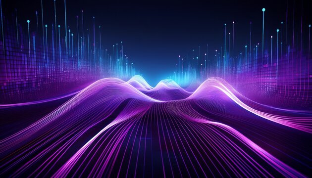 an abstract representation of digital data flow featuring vibrant purple waves and binary patterns against a dark background