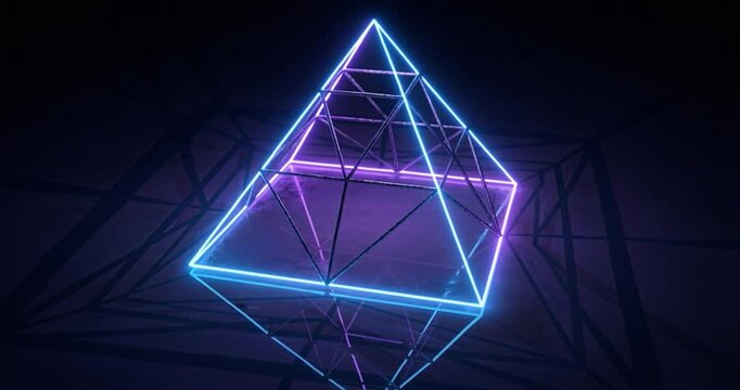 Geometric neon pyramid glowing in dark space futuristic design