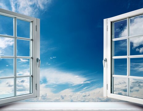 new clear white open pcv windows with sunny blue sky and clouds behind it minimal backdrop