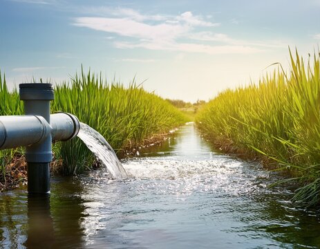 water pipe in water field discharge clear water flowing from a pipe closeup