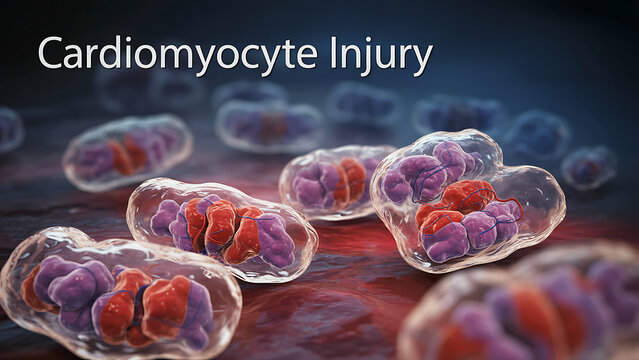 Cardiomyocyte injury microscopic view of damaged heart cells under a microscope showing red and purple structures inside transparent cell membranes on a dark red and blue background