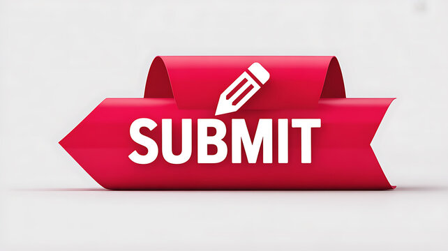 Red submit button with pencil icon and arrow on white background image photo