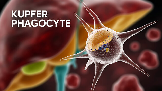 Kupfer phagocyte cell in liver tissue with red blood cells and organelles  scientific medical concept of immune system response