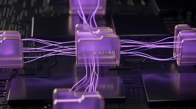 A close-up view of futuristic purple data modules labeled PCIe 4.0 interconnected by glowing fiber optic cables on a dark circuit board, symbolizing high-speed data transfer and advanced technology.