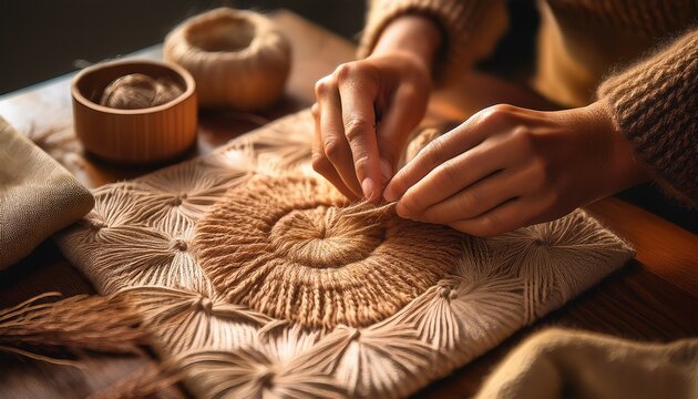 close up of crafting hands creating textured fabric art with intricate details and natural materials in warm lighting