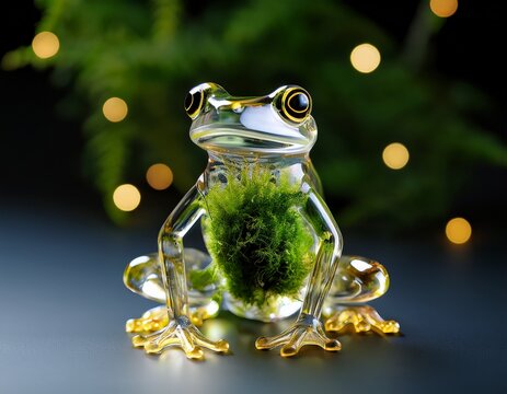 a transparent glass frog adorned with lush green moss and golden lights stands delicately on a grey surface viewed from a slight angle