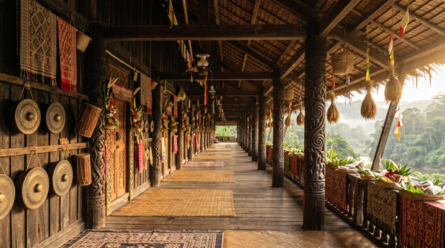 traditional long house or rumah panjang wooden corridor with hanging crafts and greenery, dayak tradition, gawai dayak, dayak borneo