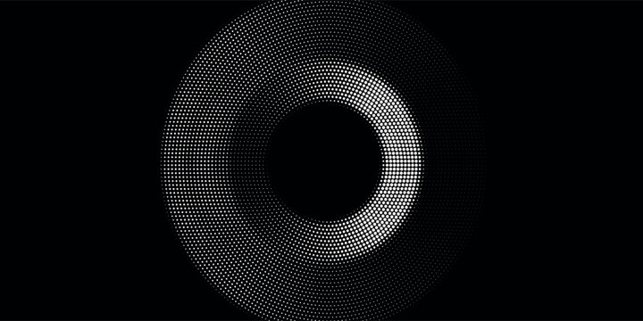 : A high-contrast monochrome abstract background featuring a large circular ring or donut shape formed by a halftone dot grid over a pitch-black backdrop.