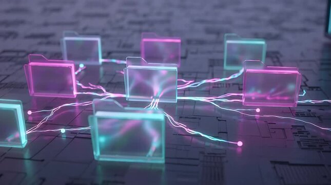 Abstract representation of digital data folders connected by glowing network lines on a circuit board.