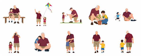 Fototapeta premium Grandfather and grandchild spending quality time together set of vector illustrations of various family bonding activities isolated on white