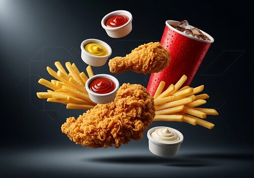 Fried chicken, french fries, and a cold soft drink with dipping sauces floating in mid air. food combo graphics