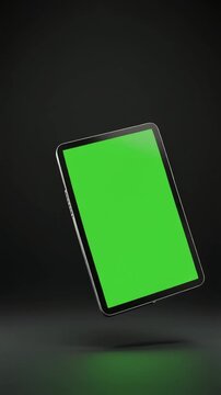 Portrait tablet floating in minimal dark studio with blank display for technology branding and app promotion.
